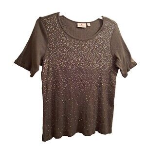 Quacker Factory Top Women's Size L Green Ribbed Sequin  Short Sleeve Shirt